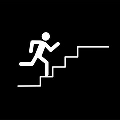 man running up the stairs, pictogram, human figure, the concept of striving for success, stick man in white, isolated on a black background