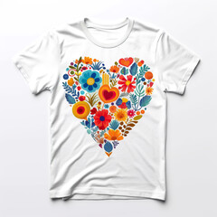 A white t-shirt with a colorful floral heart. Generative AI.