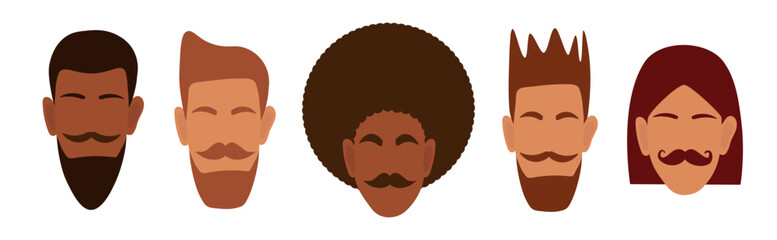 Vector Set of abstract characters of men with different hairstyles, mustaches and beards. Faceless male portraits. Clipart for banner, poster, flyer, greeting card, web design, print design. EPS 10