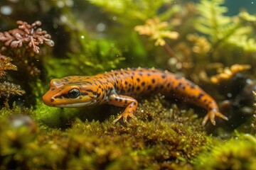 Obraz premium gecko perched on a textured mossy surface. Generative AI