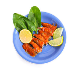 Plate with canned fish in tomato sauce isolated on white background