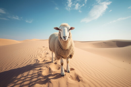 Enduring presence, a sheep stands resolute in the desert's embrace Generative AI
