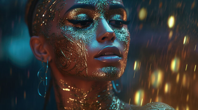 A woman with glitter on her face and body. Generative AI. African model with futuristic face paint.