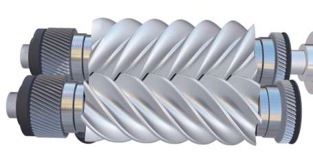 Illustration of male and female screw rotors with bearings and helical gears