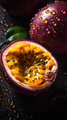 Fototapeta na wymiar Fresh Organic Passion Fruit Photorealistic Vertical Background. Healthy Vegetarian Diet. Ai Generated Lifelike Background with Delicious Juicy Passion Fruit. Generative AI