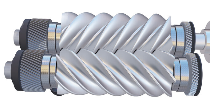 Illustration of male and female screw rotors with bearings and helical gears