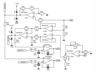 Schematic diagram of electronic device. 
Vector drawing electrical circuit with operational amplifier, 
resistor, capacitor, diode and other components.