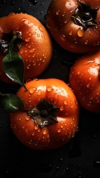 Fresh Organic Persimmon Fruit Photorealistic Vertical Background. Healthy Vegetarian Diet. Ai Generated Lifelike Background with Delicious Juicy Persimmon Fruit. Generative AI