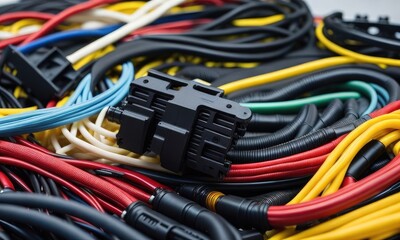 Colorful wire harness and plastic connectors for vehicles, automotive industry and manufacturing.