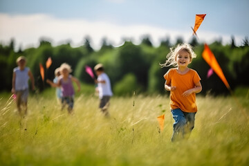 Summer vacation concept, happy children playing in the forest and meadow, selective focus, generative AI content.