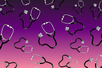 Concept of medical equipment. A pile of stethoscopes scattered randomly on a violet background	