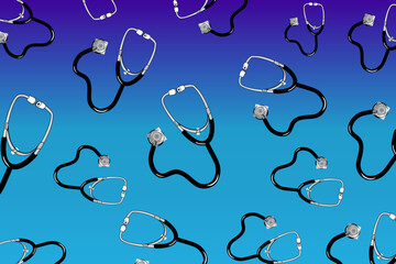 Concept of medical equipment. A pile of stethoscopes scattered randomly on a blue background	