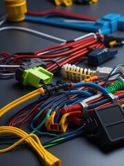 Colorful wire harness and plastic connectors for vehicles, automotive industry and manufacturing.