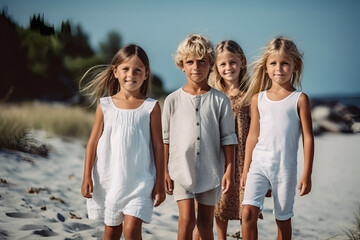Obraz premium Group of happy kids having fun at sea and sand beach in summer, AI generative content.