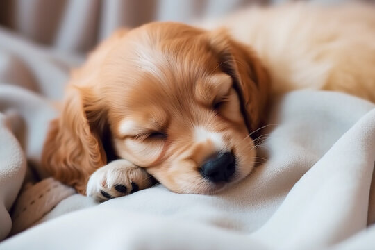 Cute baby puppy sleeping in a bed. Generative AI