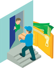 Express delivery icon isometric vector. Delivery man gives big package to client. Online shipping concept