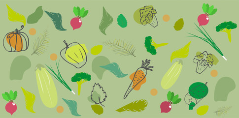 Ecological style background with a set of different colored vegetables, leaves and greenery. Vector illustration of healthy foods, isolated on light background