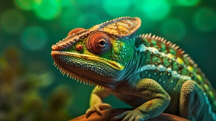 Obraz premium A Captivating Close-Up of a Colorful Green Chameleon, generative AI
