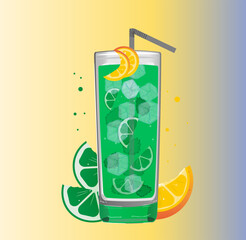 A chilled mojito drink in a glass tumbler, with a straw, with ice, a lime slice and an orange slice for decoration. Vector illustration isolated on gradient background