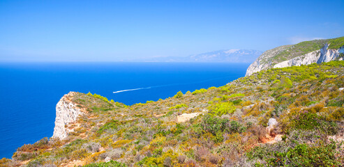 Fototapeta na wymiar Navagio bay coastal landscape. Natural landmark of Zakynthos