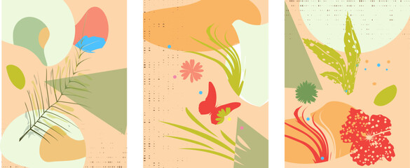 Set SSTK abstract of three color vector cards with abstract shapes and graphic elements of nature. Design for prints, banners, covers. Vector illustration