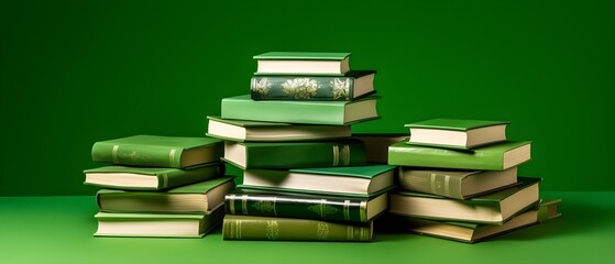 Une pile de livres sur fond vert