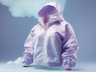 windbreaker clothes promotional photo beautiful electronic commercial photography , blue background, studio photo, clean design, pastel colors Generative AI