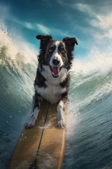 cooler fröhlicher Border Collie Hund beim surfen auf einem Surfboard im Meer mit großen Wellen. Hochformat. Hochkant. Generative Ai. - obrazy, fototapety, plakaty