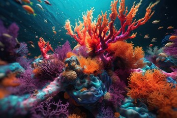 An underwater scene of a coral reef with colorful corals. Generative AI image.