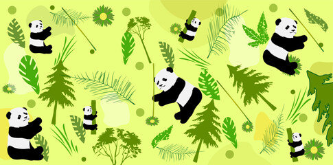 Jungle style background in green tones with leaves, spruce branches, aspen trees, Christmas trees, circles, flowers and pandas. Vector illustration with isolated layers