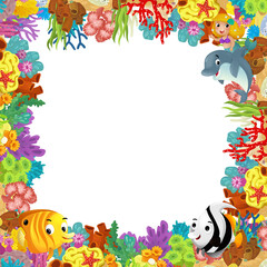 cartoon scene with coral reef and happy fishes swimming near mermaid princess isolated illustration for children