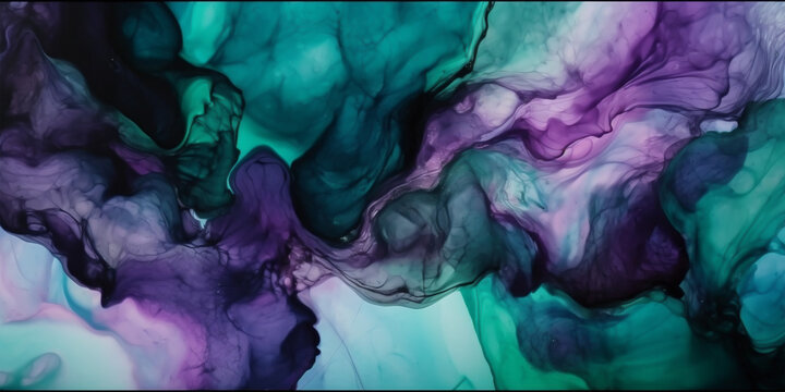Abstract purple, green and black alcohol ink art background. Generative AI illustration
