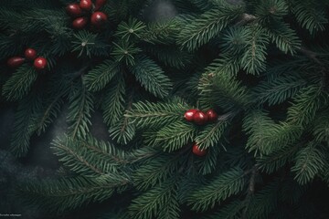 close up of a pine tree with red berries. Generative AI