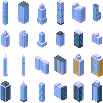 High buildings icons set isometric vector. Office plan. Floor tower