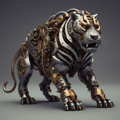 Fototapeta na wymiar A sculpture of a tiger made of metal and gold. Generative AI.