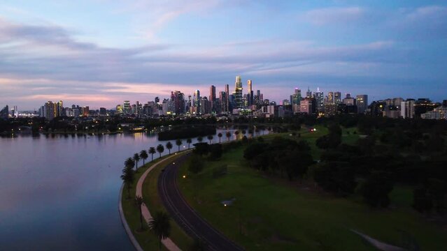 Drone view from the Albert Park of the Melbourne City skyline