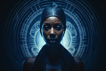 beautiful dark skinned woman with tribal markings on face created with Generative AI technology