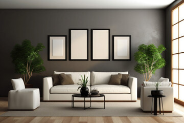 Stylish living room interior with sofa, coffee table, plants, pictures on wall. Generative AI