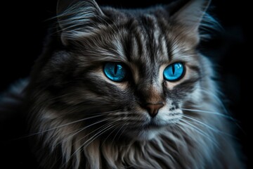 tabby longhair cat with bright blue eyes created with Generative AI technology