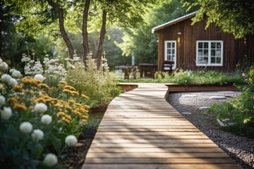 Fototapeta premium Wooden path in garden leading to cottage. Generative AI