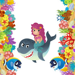 Naklejka na ściany i meble cartoon scene with coral reef and happy fishes swimming near mermaid princess isolated illustration for children