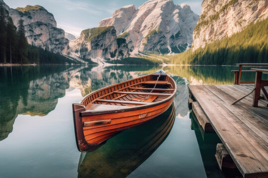 Wooden rowing boat on scenic lake with mountains in background. Generative AI