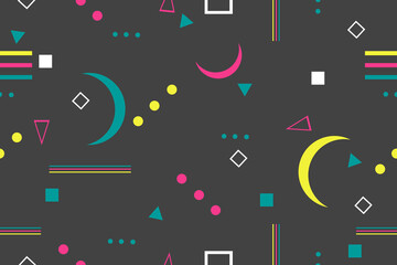 Horizontal Memphis on a dark background with bright geometric flat figures of different colors. Vector illustration of a seamless pattern