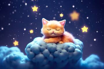 Fototapeta na wymiar A cat sleeping on a cloud with stars in the sky. Generative AI.