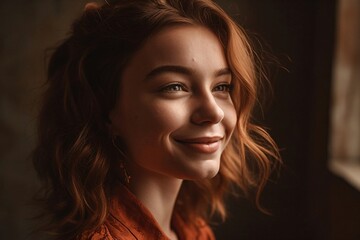 friendly smiling young woman with orange red hair created with Generative AI technology