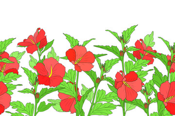 Seamless pattern. Border with red flowers and green leaves.