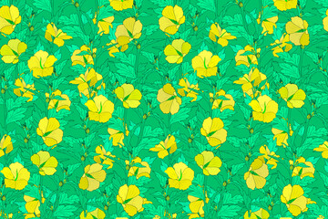 Seamless pattern. Pattern with yellow tropical flowers on green leaves background.