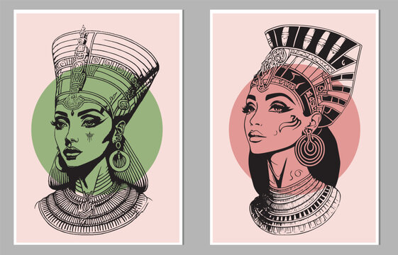 Cleopatra face, Egyptian pharaoh queen, ancient goddess portrait, Egypt woman black hair, gold crown. Mythology character, jewelry necklace old civilization Nefertiti princess. Egypt Cleopatra clipart