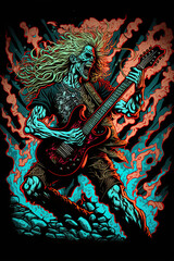 Heavy metal Monster guitar player. Demon guitarist playing in hell. Ai generative