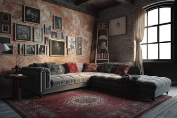 cozy living room with a comfortable couch and a stylish rug. Generative AI